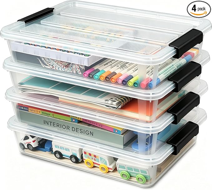 EOENVIVS 4 Pack Clear Storage Bins with Lids, Stackable A4 & US Letter File Box Organizers, Craft Storage Bins and Sensory Bins for Classroom, Kids Art Supplies, Documents and Projects, Black Latches by EasyCozyHomey