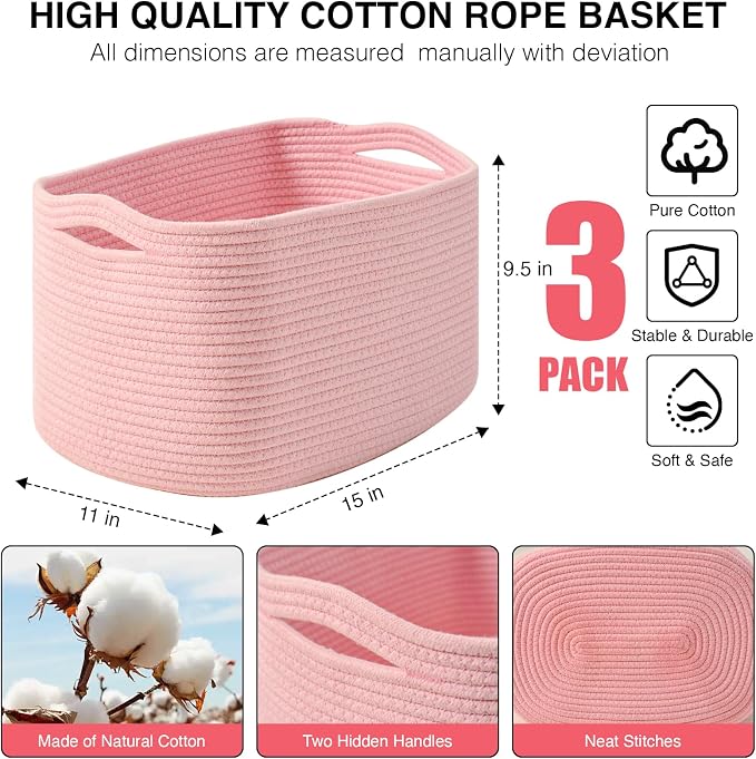 ICERZCZ Storage Baskets for Organizing Shelves, Pink Basket for Nursery, Woven Cotton Rope Baskets for Storage, Towel Basket for Bathroom, 15"x11"x9.5", 3 Packs, Light Pink - Image 3