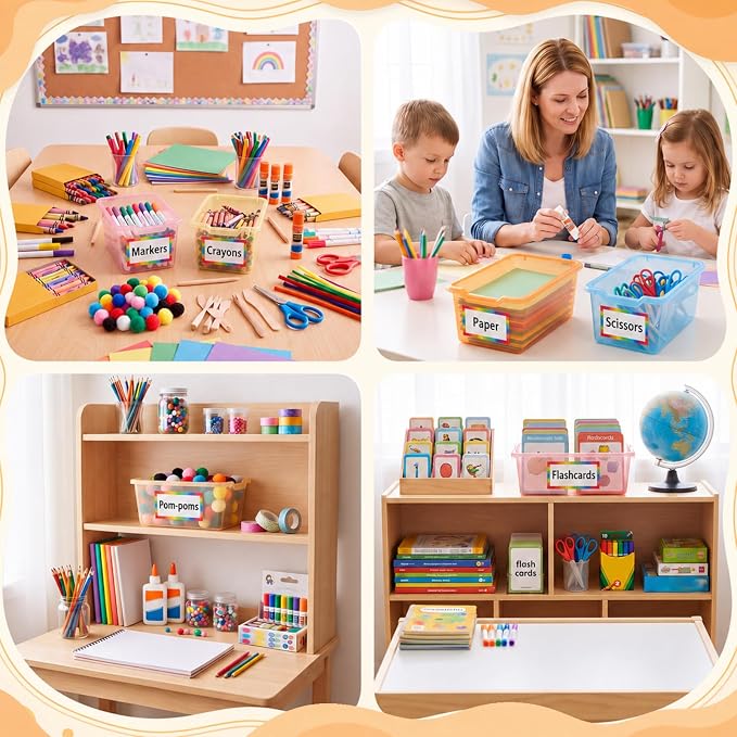 Funrous 12 Pack Plastic Cubby Bins for Classroom, Stackable Storage Bins with Rainbow Labels and Handles Cubby Organizer Containers for Teacher Supplies Home Office Daycare and Playroom (Orange) - Image 4