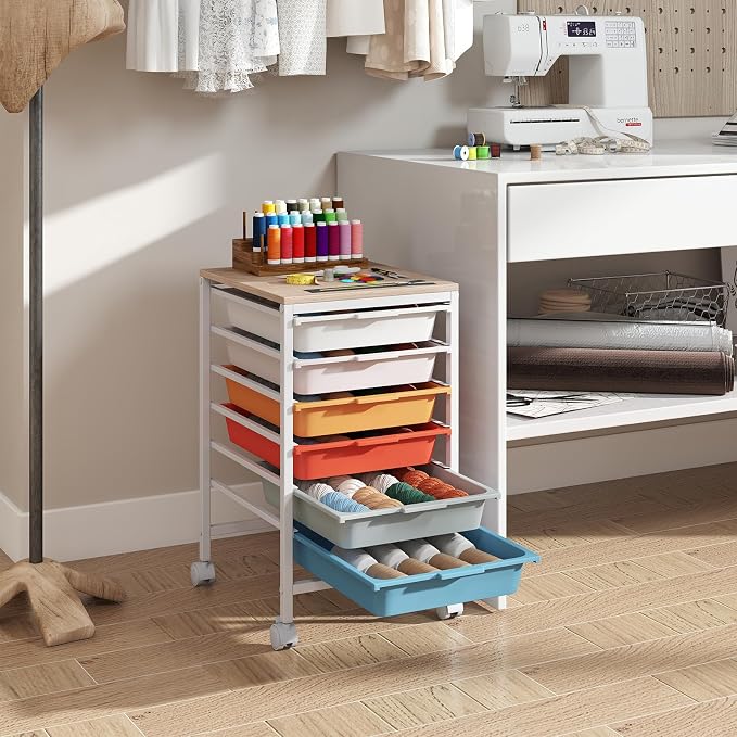 Giantex Rolling Storage Cart with 6 Drawers, Utility Cart w/Wooden Tabletop, Lockable Wheels, Multipurpose Organizer for Art Craft Scrapbooks Paper, Drawer Carts for Dorm Classroom Office, Macaron - Image 7