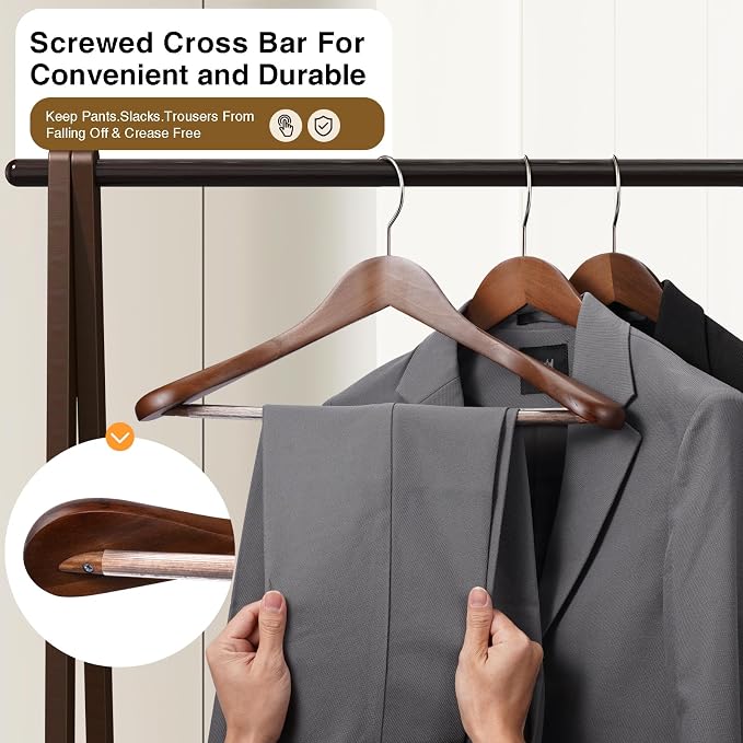 Suit Hangers 6 Pack,Wide Shoulder Wooden Hangers,Solid Wood Coat Hangers with Heavy Duty Retotating Hooks & Non Slip Pants Bar,Smooth Finish Clothes Hanger for Sweater, Pants, Jacket(Walnut) - Image 4