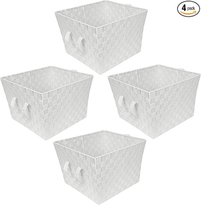 Simplify Large Woven Strap Tote | Decorative Storage Basket | 2 Handles | Organization | Closet | Bedroom | Bathroom | Nursery | Accessories | Toys | Gifts | 4 Pack | White by Simplify