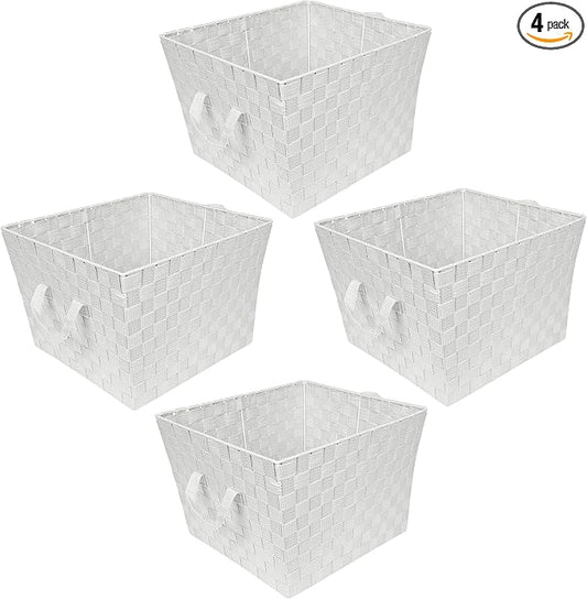 Simplify Large Woven Strap Tote | Decorative Storage Basket | 2 Handles | Organization | Closet | Bedroom | Bathroom | Nursery | Accessories | Toys | Gifts | 4 Pack | White by Simplify