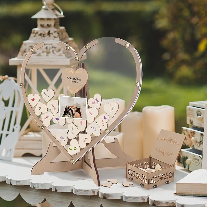 SELEAD Wedding Guest Book Alternative Drop Top Acrylic Sign Board, Heart | Rustic Wedding Reception Picture Frame with 80psc Wooden Hearts, Exquisite Box for Party Anniversary Birthday - Image 3