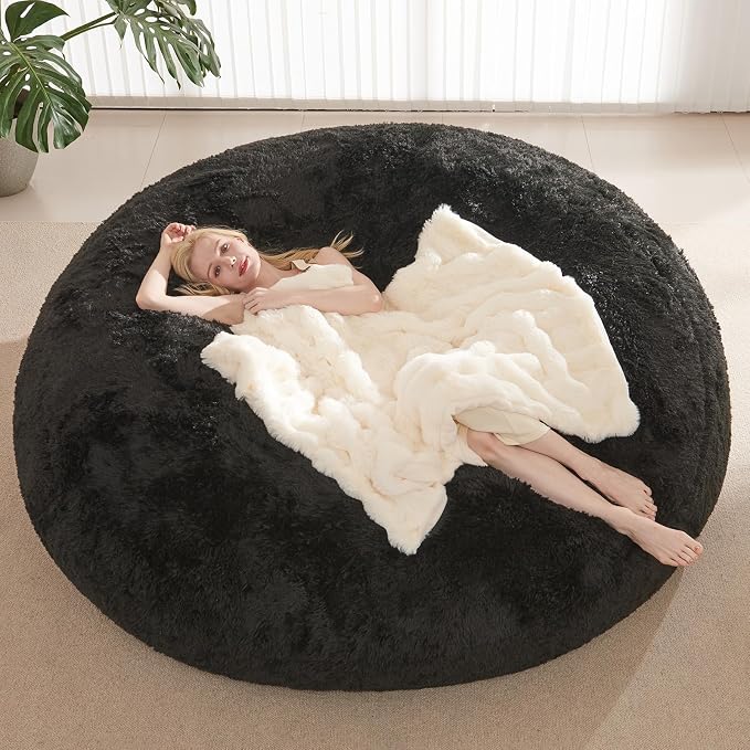 Bean Bag Cover (No Filler), Faux Fur Beanbag Chairs Covers Only, Stuffed Animal Storage Bean Bag, Giant Washable Beanbag Cover Without Filling, 5FT, Black by ODreamyDogs