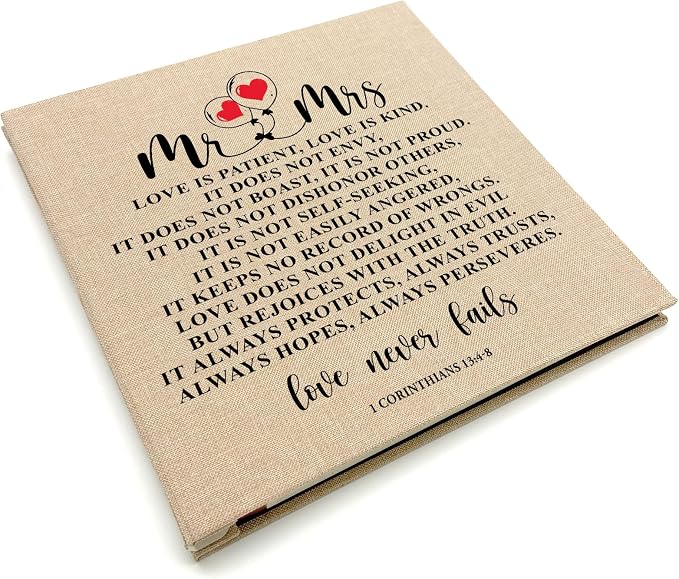 Love Never Fails Wedding Photo Album, Linen Cover with Love Quote, Anniversary Marriage Memory Keepsake, Marriage Prayer Wedding Scrapbook Album by TrebleBee