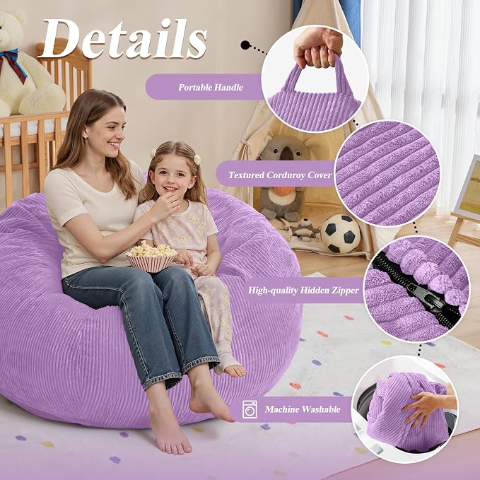 3FT Bean Bag Chair for Adults,3' Big Teardrop Beanbag with Filler | Beanbag Chair with Memory Foam Filled,Bean Bags with Handy Handle&Machine Washable Cover for Living Room,Bedroom-Purple - Image 5