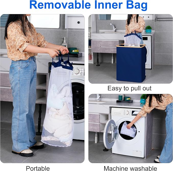 efluky Laundry Hamper with Lid, Trio Laundry Basket with 2 Removable Bags, 3 Section Laundry Bin with Bamboo Handles for Bathroom, Bedroom & Laundry Room, 160L (42.3 Gallon) Blue - Image 4