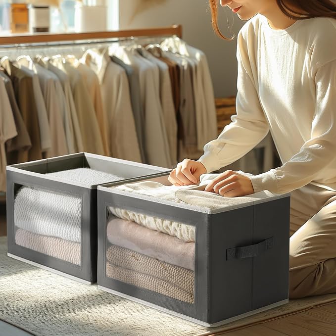 Storage Boxes with Lids - 3 Pack Fabric Clear Window Storage Bins, Collapsible Storage Bins with Lids, Linen Closet Organizer for Clothes, Towel, Blanket, Dark Grey - Image 4
