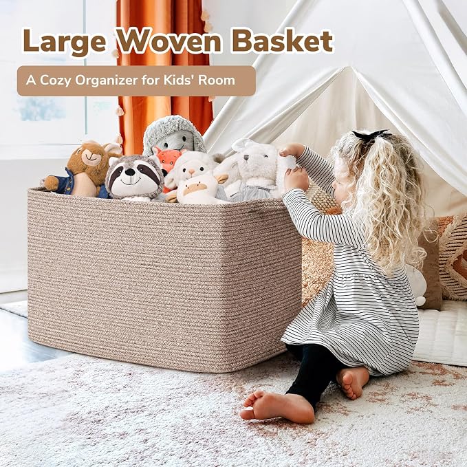Goodpick 105L Extra Large Woven Rope Blanket Basket, Rectangle, Brown | 25'' x 16'' x 16'' Storage Basket for Blankets, Clothes & Pillows, Living Room & Bedroom Organization, Reinforced Handles - Image 2