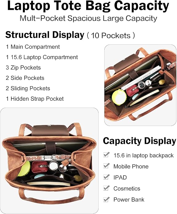 Large Laptop Tote Bag for Women Designer Leather Laptop Bag, 15.6in | Fashion Travel Backpack Purse Shoulder Handbag Fits 15.6 Laptop, Daily, Work, Business Trip, Weekend Travel, Teacher - Image 3