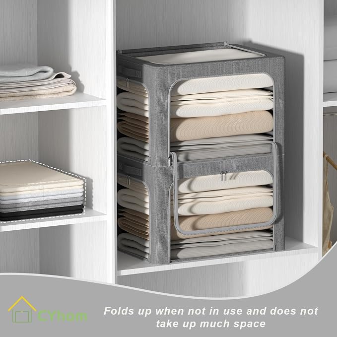 CYhom 3 Openings Clothes Storage Bins Box - 3Pack Stackable Foldable Storage Bin - Metal Frame Storage Box Clothing Storage Organizer with Clear Window, Carry Handles (66L-19.7x15.7x13in, Drak Grey) - Image 3