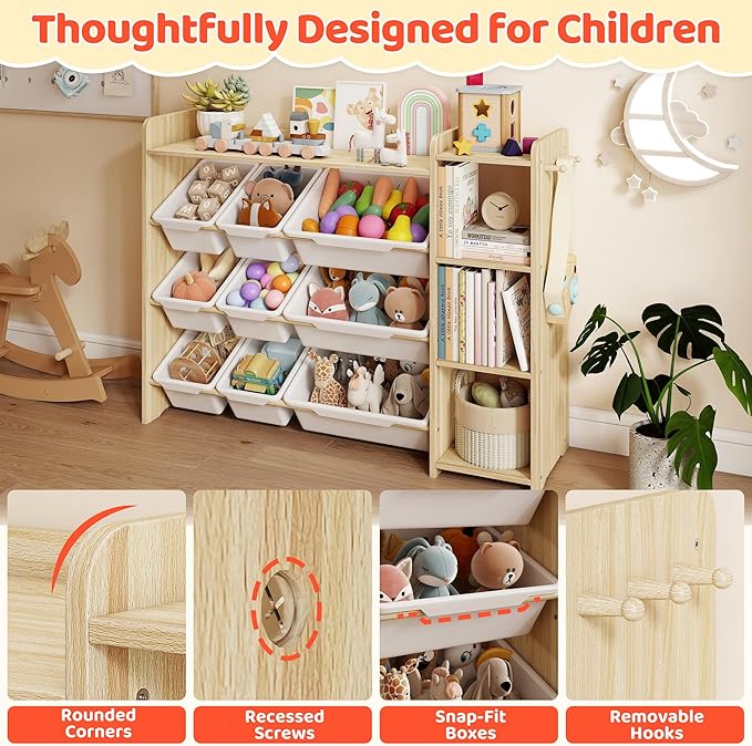 DOREROOM Toy Storage Organizer with Bookshelf, Kids Toy Storage and Organizers with 3 Shelves/9 Bins/3 Hooks, Bin Shelf, Toy Organization for Playroom, Nursery, Bedroom, Toddler Room | Wood & White - Image 6