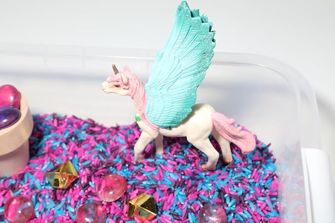 Unicorn Sensory Bin Kit for Kids | Pink, Purple & Blue Rice, Unicorn Figurines & Charms, Crystals & Wooden Tools – Includes Clear Storage Bin - Image 5