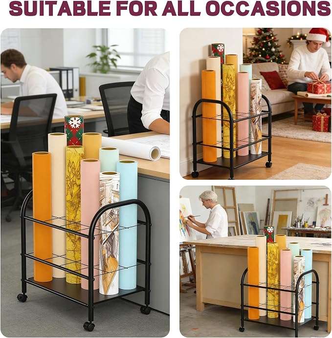 Blueprint Storage Holder with Wheels – 12-Slot Metal Roll File Rack with Silent Casters & Brakes for Blueprints, Wrapping Paper, Posters, Maps – Mobile File Cart for Office & Home (Black) - Image 7