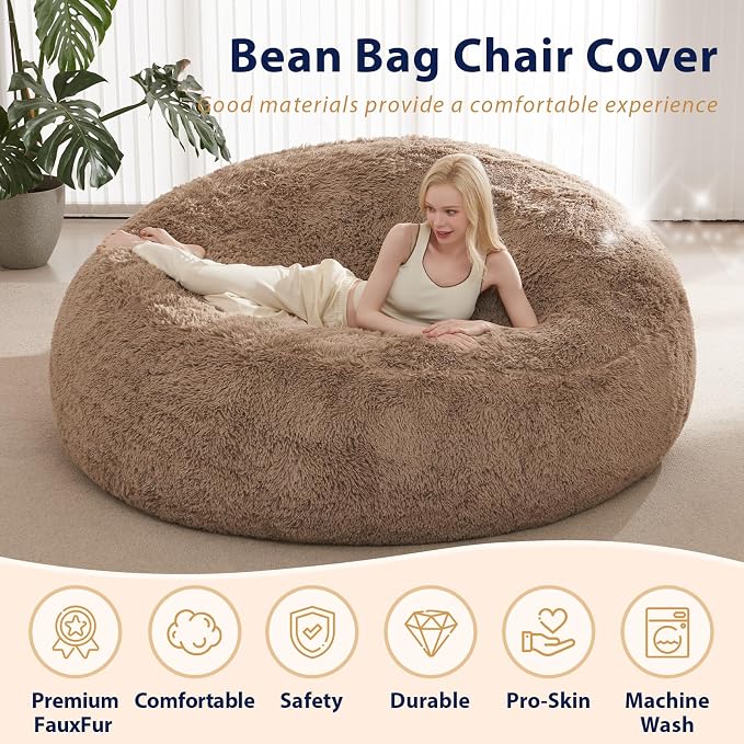 Fluffy Bean Bag for Stuffed Animals Storage, Faux Fur Washable Bean Bag Chair Cover(No Filler) for Textile Plush Toys, Beanbag Chair Cover for Adults Kids Teens, 5FT, Khaki - Image 5