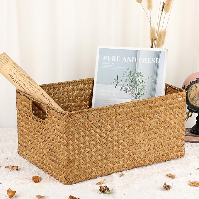 Hipiwe Seagrass Storage Baskets Bin for Shelf Large Handwoven Wicker Basket | Rectangular Bedroom Bathroom Organizer Built-in Handles, Multipurpose Woven Basket Bin Boxes,14.6"x 10.6"x 7.1" - Image 4