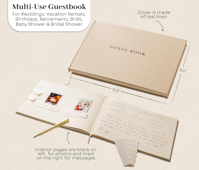 Real Linen Guest Book Set - 11.5 x 8.5 Embossed Guestbook for Weddings, Showers, Events, Blank & Lined, Comes with Sign, Pen, Box and Photo Sleeves, 120 Pages (Beige) - Image 5