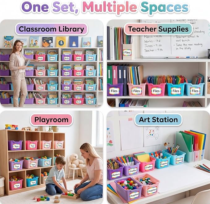 Funrous 12 Pack Book Bins for Classroom Library Plastic Cubby Storage Bins with Labels and Handles Stackable Toy Organizer Containers for Teacher Supplies Home Office Daycare Playroom (Purple Pastel) - Image 6