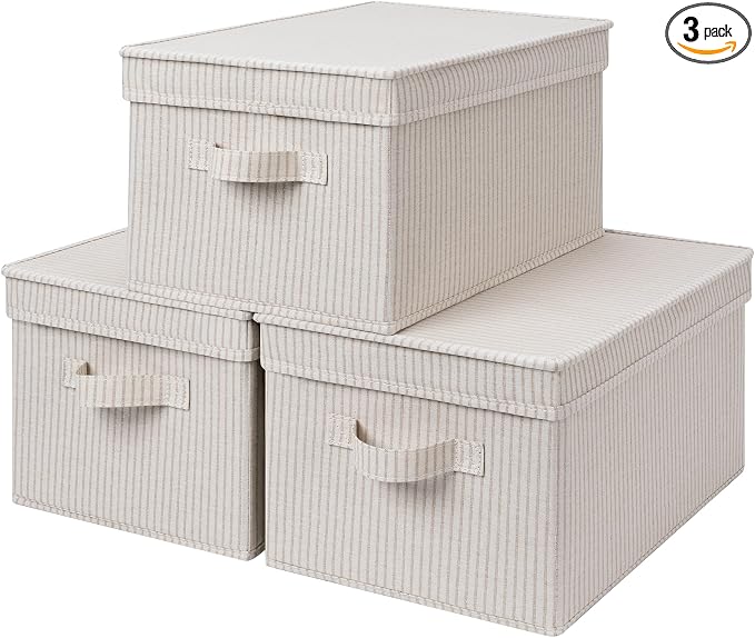 StorageWorks Fabric Storage Bins with Lids, Closet Storage Bins | Lidded Dust-proof, Easy Pull Handles, Foldable, Stackable, Ideal for Clothes Blanket Towel, Large, Khaki Stripe, 3-Pack by StorageWorks