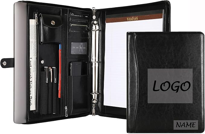 Black Leather Padfolio for Women/Men, Business Leather Binder 3 Ring Portfolio, Personalized Leather Portfolio Binder, Zippered Portfolio Organizer for A4 Notepad & 13-inch Laptop/Tablet by YLYYHH