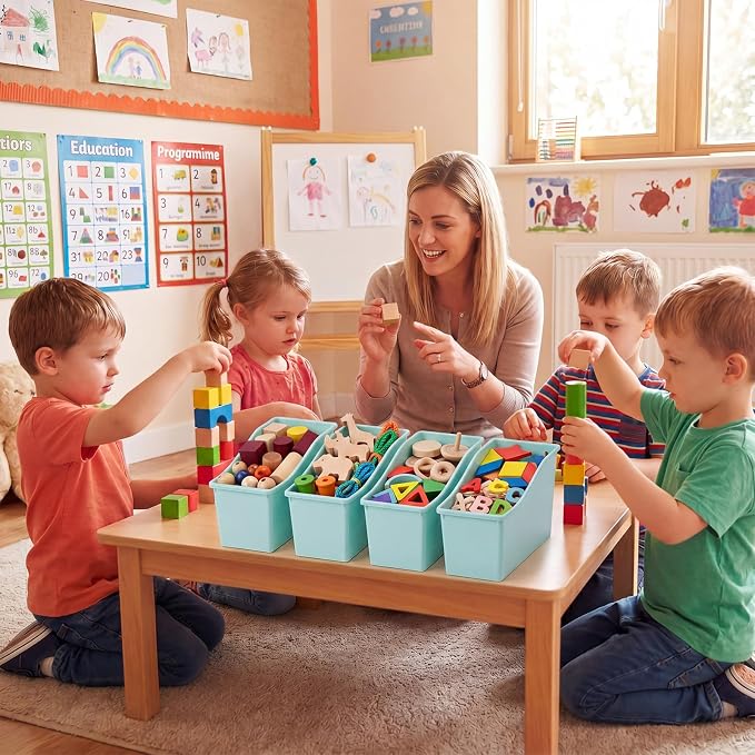 Geetery 12 Pcs Book Bin for Classroom with Labels Stackable Plastic Organizing Bins 11.5 x 5.4 x 7.5 in Book Holders Storage Bins Box Baskets for Classroom Library Home (Teal Color) - Image 5