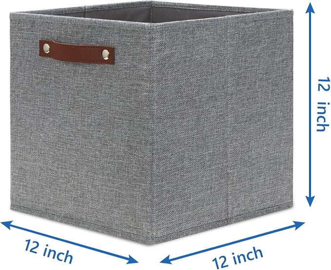 Temary 12x12 Storage Cube Bins 4 Pack Fabric Storage Cubes Storage Bins with Leather Handles, Storage Baskets Foldable Cube Organizers Bins for Home (Grey) - Image 2