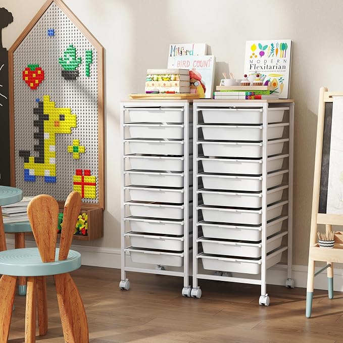 Giantex Rolling Storage Cart with 10 Drawers, Utility Cart w/Wooden Tabletop, Lockable Wheels, Multipurpose Organizer for Art Craft Books Paper, Drawer Carts for Dorm Classroom Office, White - Image 2