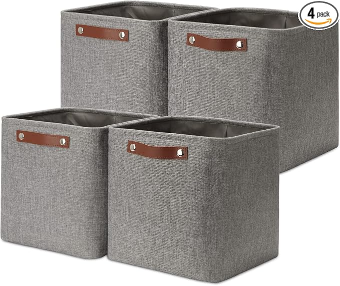 DULLEMELO 11 inch Cube Stroage Bins 4 Pack Small Grey Square Storage Baskets Cube Organizer, Linen Closet Organizers and Storage Baskets for Shelves Bedroom Storage by DULLEMELO
