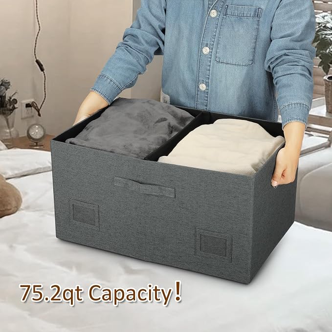 Graciadeco 75 Quarts Extra Large Decorative Storage Bins with Lids, 3 Packs Dark Gray Collapsible Storage Bins with Lids, Stackable Storage Bins Decorative Box Storage With Lid Extra Large | 75 Quarts 3 Pack Dark Gray Collapsible Stackable Linen Fabric... - Image 3