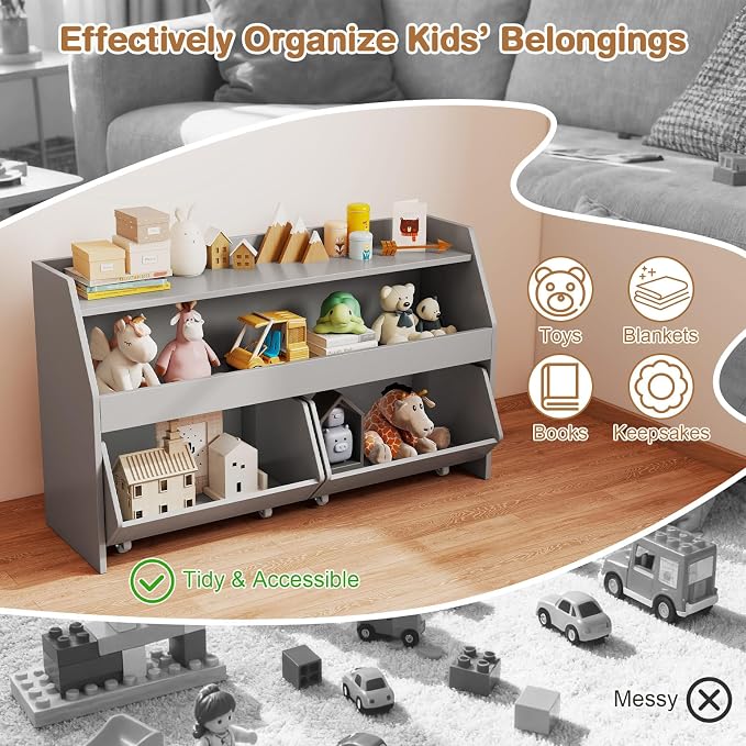 Costzon Toy Storage Organizer for Kids, Toy Cabinet w/ 2 Rolling Drawers, Lockable Wheels, Open Shelf & Anti-toppling Kit, Toddler Toy Shelf for Playroom, Kids’ Room, Nursery, Daycare (Grey) - Image 3