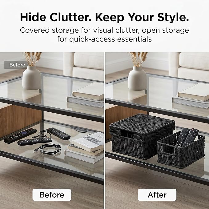 Wicker Storage Basket with Lid for Shelves, Set of 2, Black | One rectangular wicker basket with lid and one open basket for decorative shelf storage; removable lid flips into a tray. - Image 2