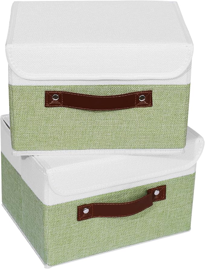ANMINY Fabric Storage Box Bins with Lids, Green White, 10"x8"x7", 2 Pack | Keepsake Memory Storage, Cotton Linen, PP Board Reinforced, Washable, PU Handles, Foldable & Stackable, Decorative, Small - Image 2