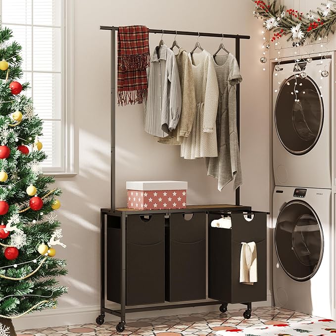 Laundry Sorter 3 Section, Rolling Laundry Hamper with Hanging Rack, Laundry Sorter with Wheels, Hampers for Laundry, Laundry Basket Organizer for Laundry Room, Rustic Brown LS37BR - Image 2