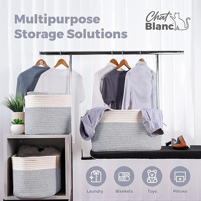 CHAT BLANC Cotton Rope Baskets for Organizing | Storage Baskets for Shelves | Rope Basket for Storage, Small Laundry Baskets, Woven Baskets for Storage, Dog Toy Bin, Baby Basket,Off White &Gray 3 Pack - Image 7