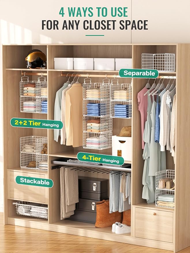 Hanging Closet Organizer, 4 Tier Metal Closet Organizers and Storage with 4 Hanging Hooks 4 S-Hooks for Wardrobe Laundry Room, Wire Storage Shelf for Clothes Sweaters Pants (White) - Image 3