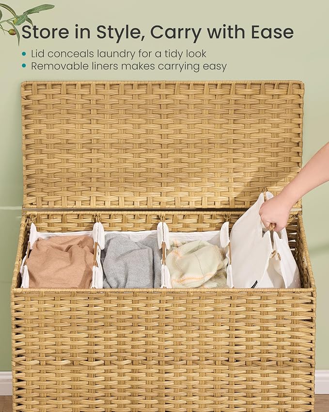 SONGMICS 4-Section Laundry Hamper with Lid, 55.4 Gal (210L) PE Rattan Laundry Basket with Removable Washable Liners, for Bedroom & Living Room, Goose Yellow ULCB224YE01 - Image 4
