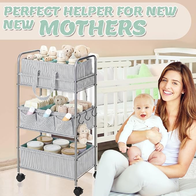WILLBOND 2 in 1 Baby Diaper Caddy Organizer Cart, 3 Tier Large Stripe Bedside Rolling Cart Metal for Baby Essential with Divider for Newborn Registry Must Have Nursery Bedroom Mother Gift(Green) - Image 5