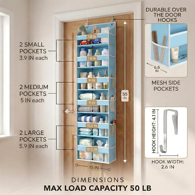 Over the Door Organizer, 6-Tier, 100D Fabric, Baby Blue 2pc | Over the door shoe organizer, 50 lbs capacity, 12 side mesh pockets, 100D extra thick fabric, Closet & entryway storage - Image 3