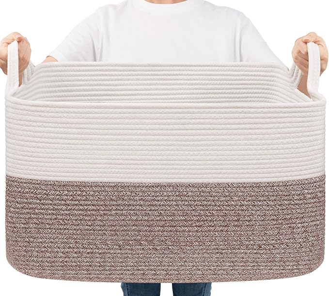 Goodpick Large Woven Rope Blanket Basket, Rectangle, White & Brown | 21.6'' x 14.9'' x 11.8'' Storage Basket for Blankets & Toys, Living Room, Bedroom & Nursery Organization, Reinforced Handles by Goodpick