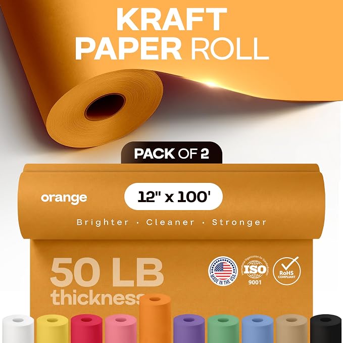 12" x 1200" (100 ft) Orange Kraft Paper Roll, Pack of 2 - USA-Made Quality Craft Paper for Gift Wrapping, Kids' Arts & Crafts, School Projects - 50 lb Natural Material by IDL Packaging - Image 3
