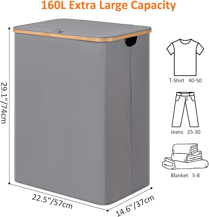 efluky Laundry Hamper with Lid, Trio Laundry Basket with 2 Removable Bags, 3 Section Laundry Bin with Bamboo Handles for Bathroom, Bedroom & Laundry Room, 160L (42.3 Gallon) Silver Grey - Image 2