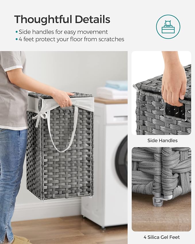 SONGMICS Laundry Hamper with Lid, 17.2 Gallon (65 L) Synthetic Rattan Clothes Laundry Basket with Lid and Handles, Foldable, Removable Liner, Dove Gray ULCB165G01 - Image 4