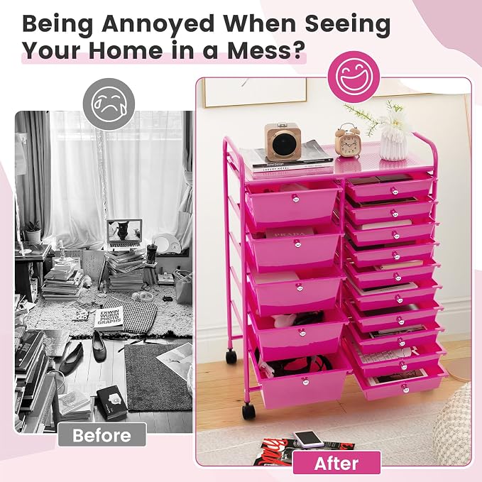 GOFLAME 15-Drawer Rolling Storage Cart, Craft Storage Cart with Removable Drawers & Lockable Wheels, Art Cart Supply Storage Organizer for Home Office Classroom, Hot Pink - Image 7