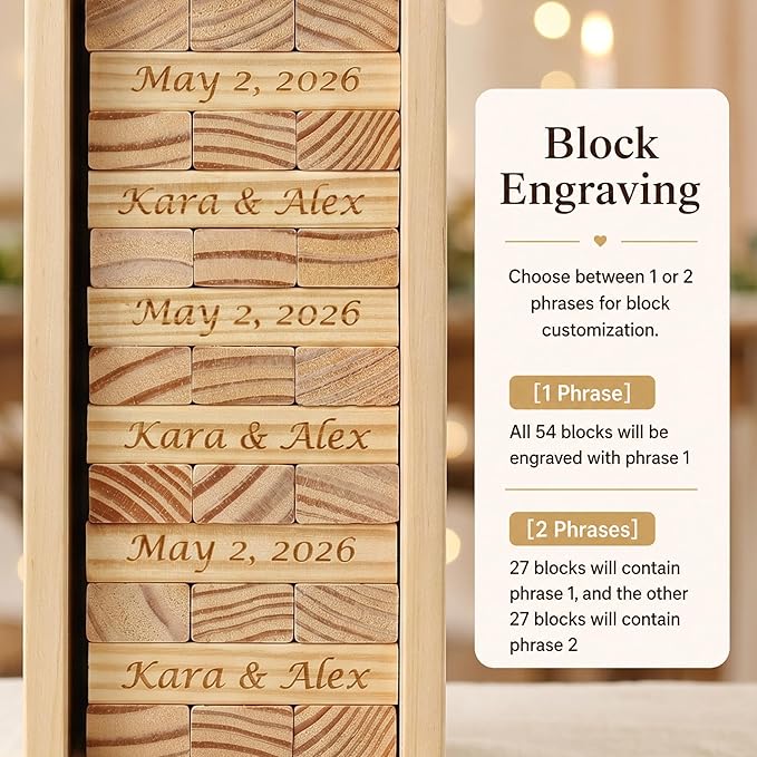 WE Games Personalized Guest Book Alternative, Wooden Memory Keepsake Box, 54 Blocks, Custom Engraved Couple with Tree - Engagement Party, Wedding Shower, Bachelorette Party - Image 4