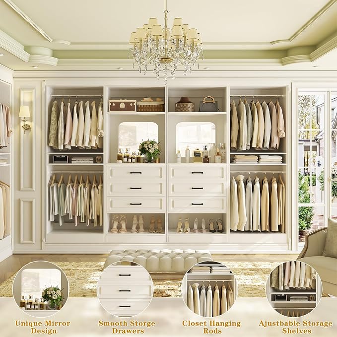 Unikito 100" Wood Closet System with Drawers and Mirror, White | Large walk in wardrobe organizer with hanging rods and adjustable shelves, sturdy freestanding garment rack tower. - Image 4