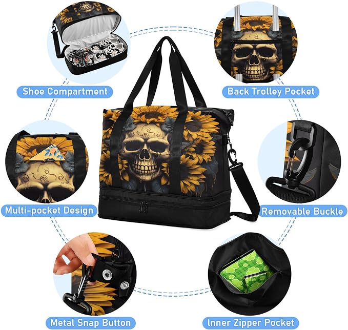 Travel Duffel Tote Bag Skull and Sunflower Sports Duffel Bag with Wet Pocket Weekender Overnight Bag for Women Men Gym Bag, Carry On Bag Hospital Bag for Labor and Delivery - Image 2