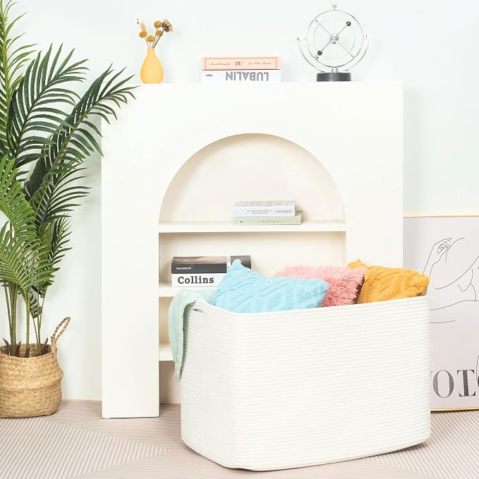 112L Extra Large Blanket Basket Holder Living Room, 25"x17"x16" Rectangle Rope Woven Storage Basket with Handles for Laundry, Towels, Shoes, Dog Toy Organizer Bin Box, Creamy White - Image 6