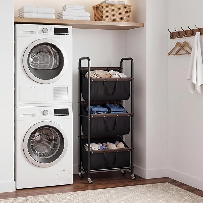 GRANNY SAYS 3 Tiered Laundry Sorter, Narrow Hamper Cart with Wheels | Sturdy 3 Section Laundry Basket with Wheels, Vertical Black Hamper Cart for Bedroom, Bathroom, Apartment - Image 6