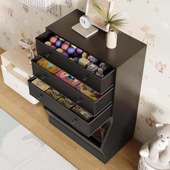 MHOM Toy Storage Organizer with Open Cube, Kids Bookshelf and Toy Storage with PU & Non-Woven Fabric Drawers, Small Book Shelf for Kids Rooms, Playroom and Nursery, Black - Image 6